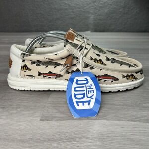 NWOB Hey Dude Wally Fish Lure Shoes Mens Size 10 White Fish Print 40624-100